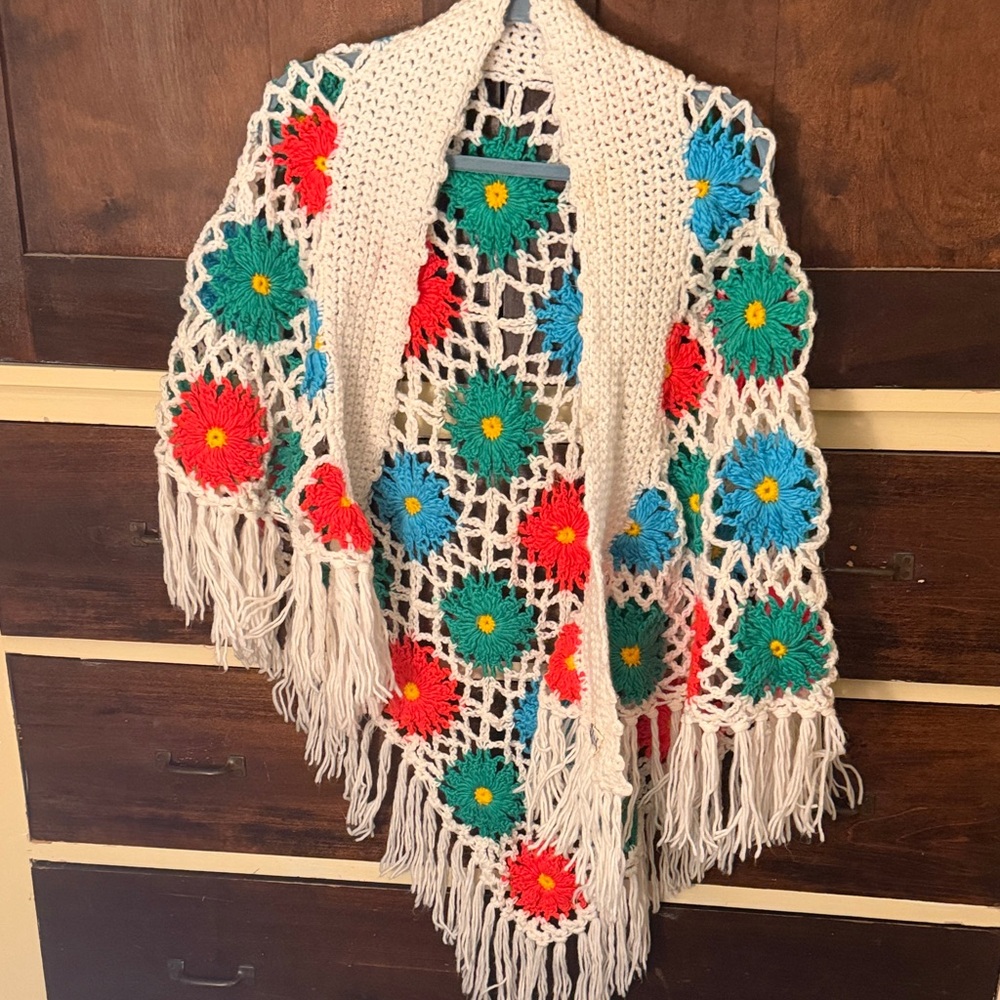 Vintage Colorful Crochet Shawl with Fringe